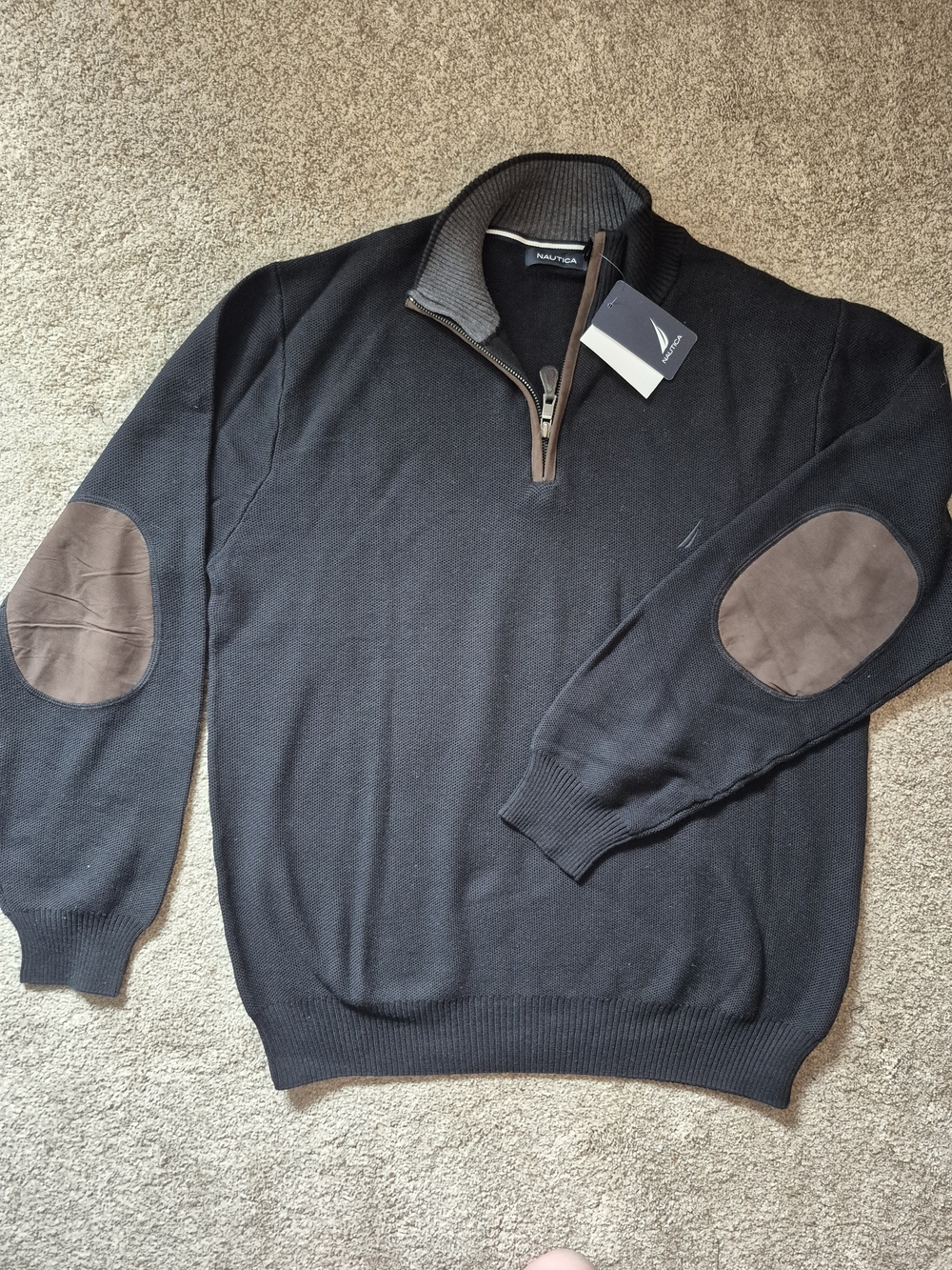 Nautica NWT Men’s Black Cotton Quarter-Zip Sweater with Brown Elbow Patches Lg